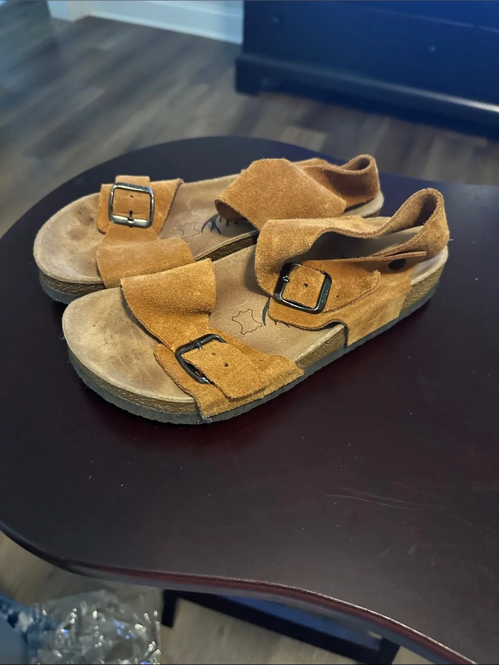 Women’s Two-Buckle Suede Sandals in Tan